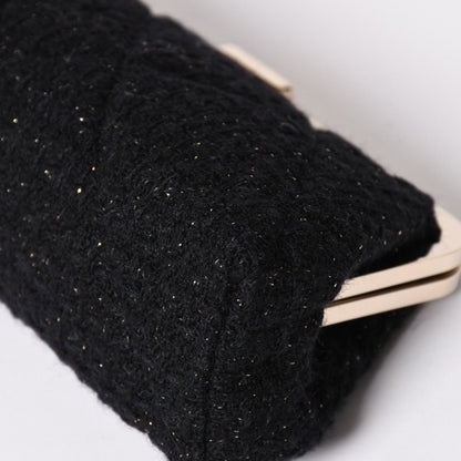Chanel Clutch Pouch CC Logo Tweed Kiss Lock Black Gold — view 8