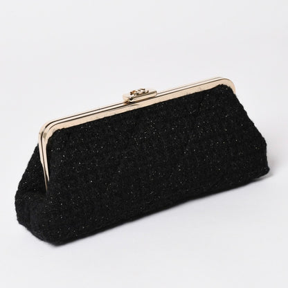Chanel Clutch Pouch CC Logo Tweed Kiss Lock Black Gold — view 3