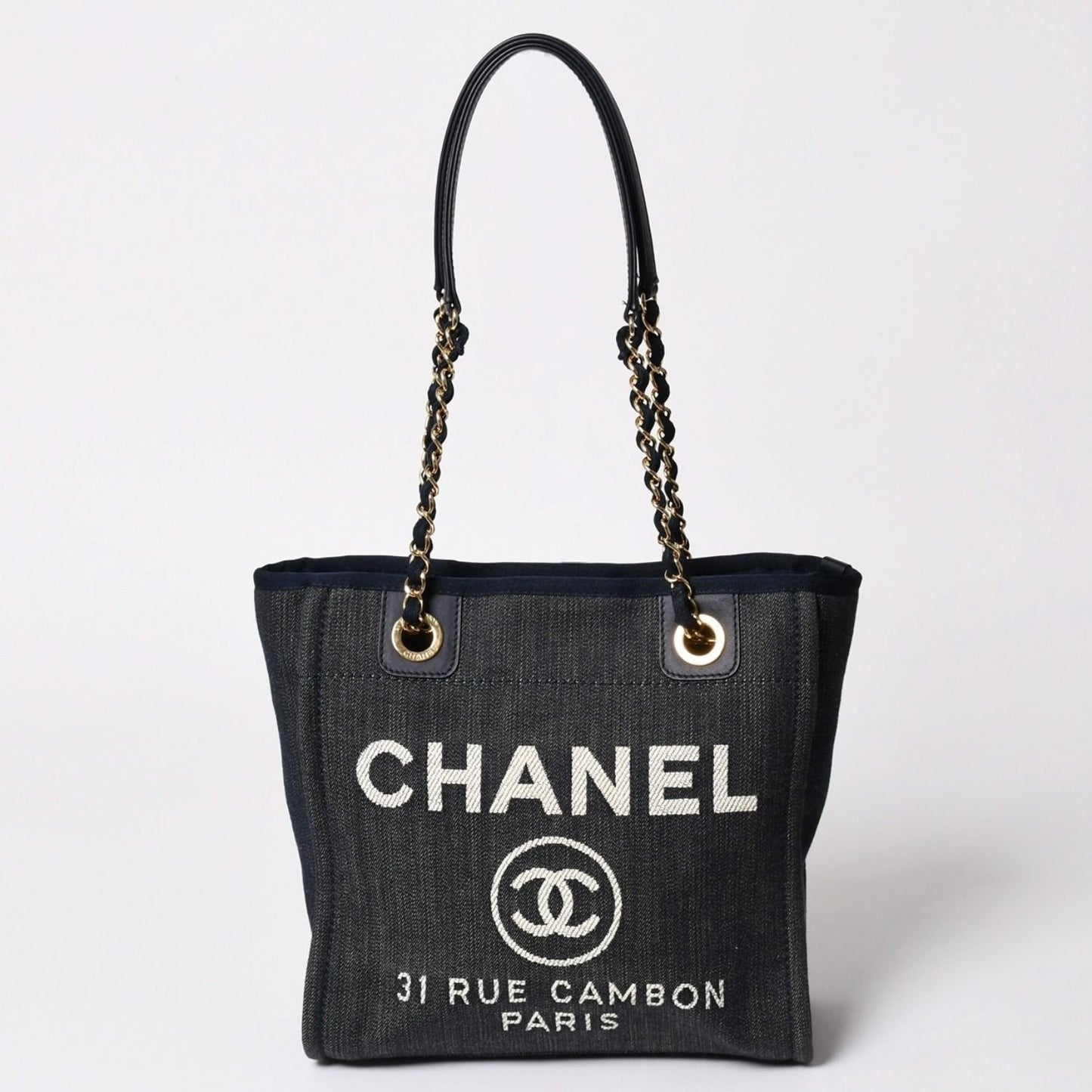 Chanel Deauville PM Chain Tote Shoulder Bag Denim Canvas CC Logo Navy Gold