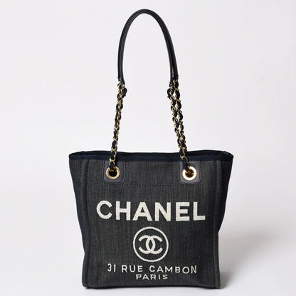 Chanel Deauville PM Chain Tote Shoulder Bag Denim Canvas CC Logo Navy Gold