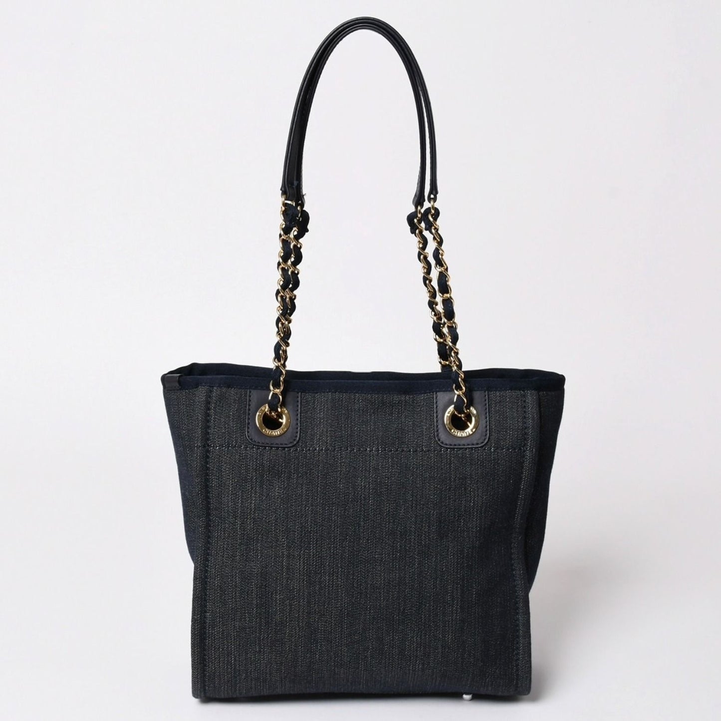 Chanel Deauville PM Chain Tote Shoulder Bag Denim Canvas CC Logo Navy Gold — view 2