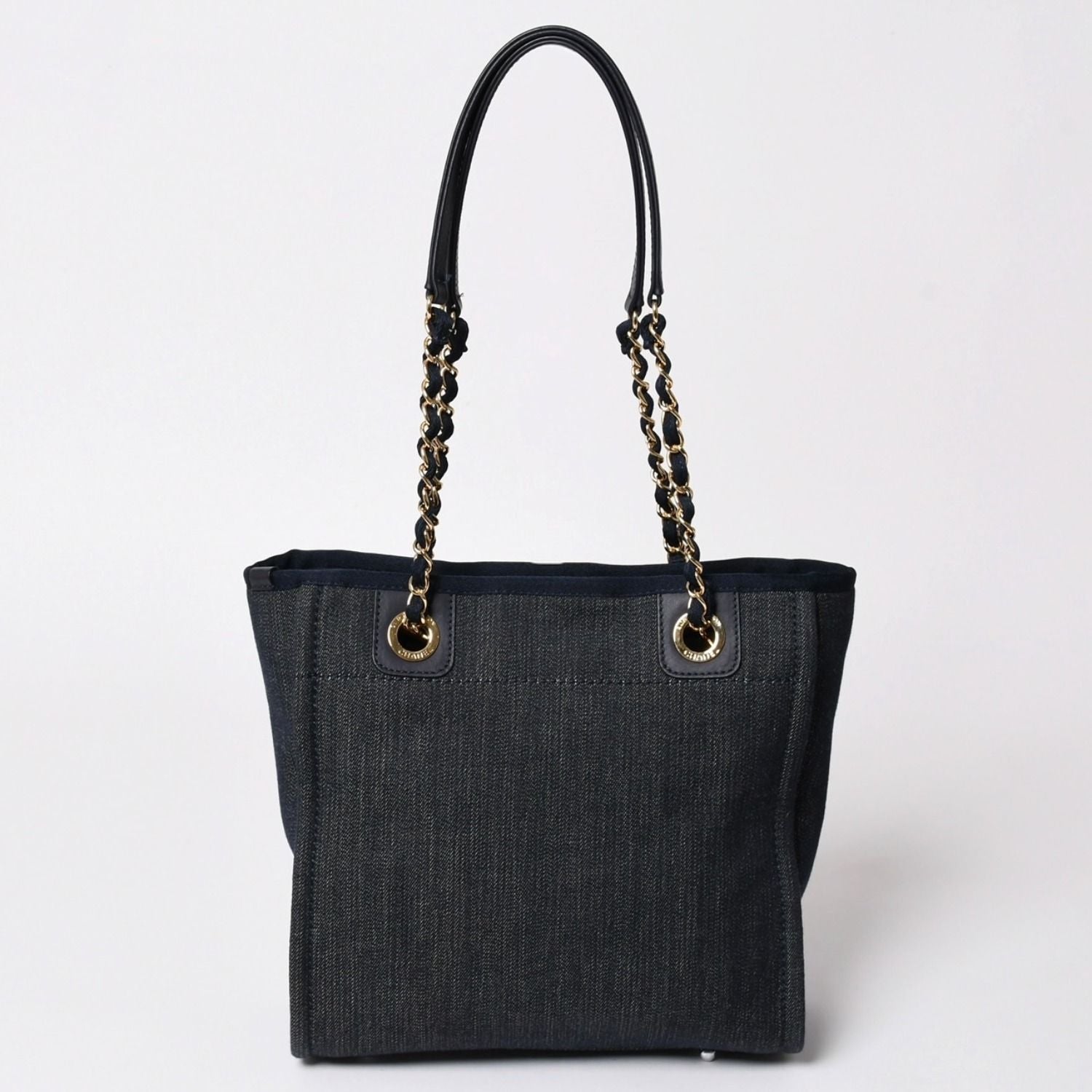 Chanel Deauville PM Chain Tote Shoulder Bag Denim Canvas CC Logo Navy Gold — view 2