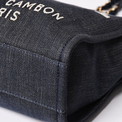 Chanel Deauville PM Chain Tote Shoulder Bag Denim Canvas CC Logo Navy Gold — view 8