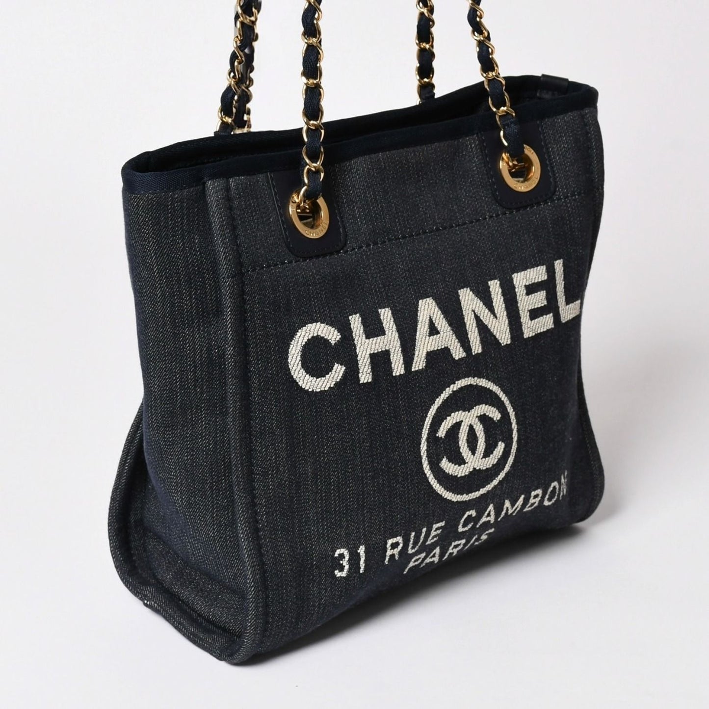 Chanel Deauville PM Chain Tote Shoulder Bag Denim Canvas CC Logo Navy Gold — view 3