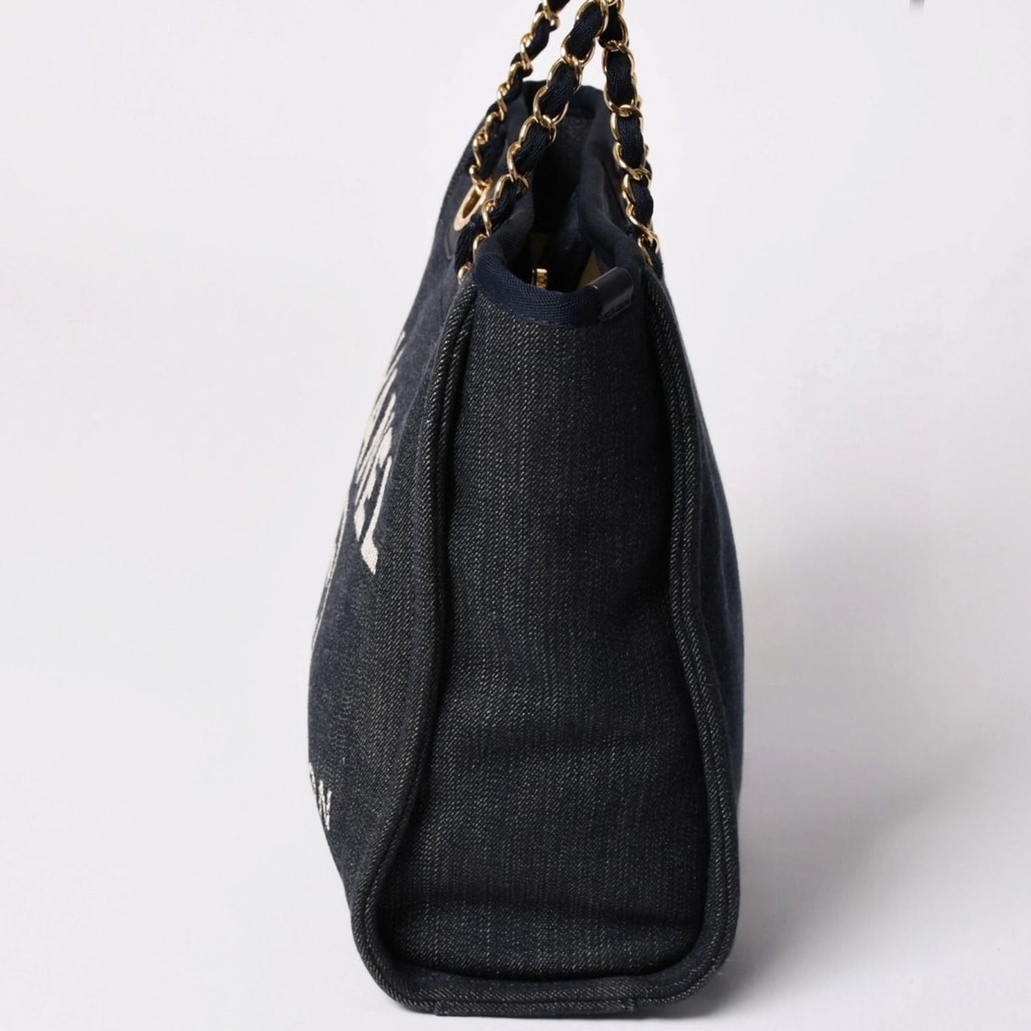 Chanel Deauville PM Chain Tote Shoulder Bag Denim Canvas CC Logo Navy Gold — view 4