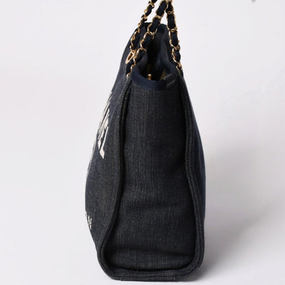 Chanel Deauville PM Chain Tote Shoulder Bag Denim Canvas CC Logo Navy Gold — view 4