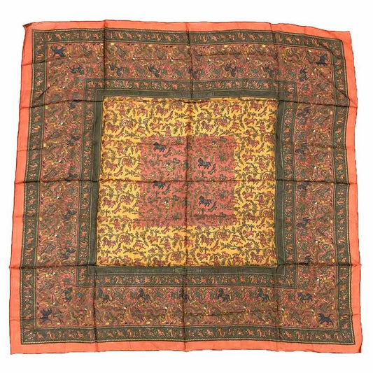 Hermes Scarf Carre 90 Chasse en Inde Indian Hunting Silk Muslin Chiffon Orange