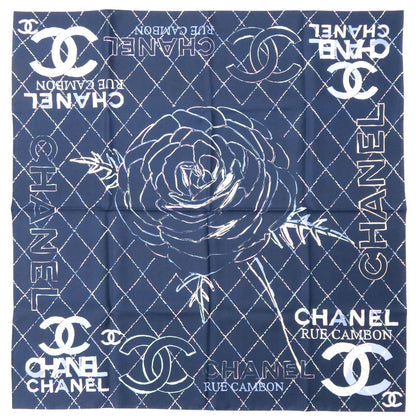 Chanel CC Logo Camellia Scarf Silk Navy Black