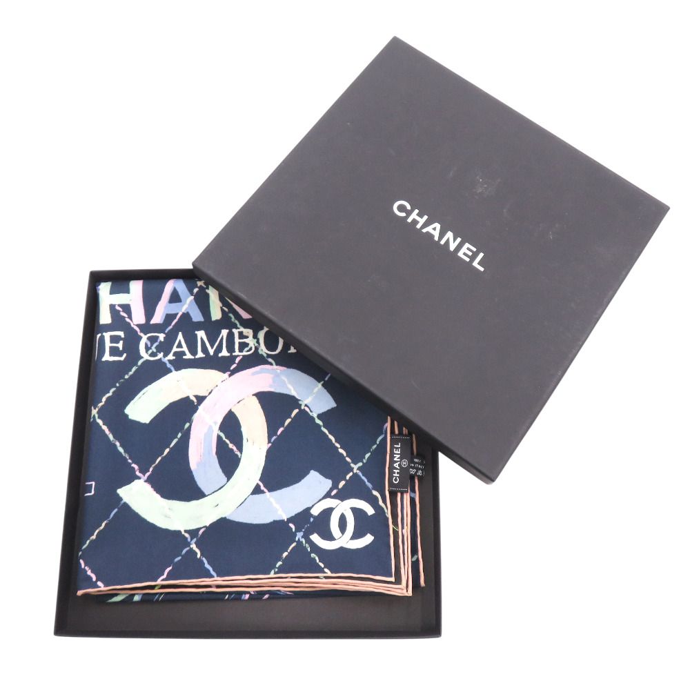Chanel CC Logo Camellia Scarf Silk Navy Black — view 2