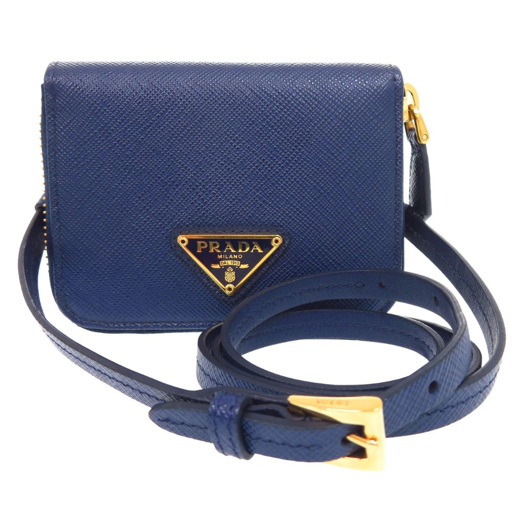 Prada Saffiano Triangle Leather Shoulder Wallet Coin Case Navy