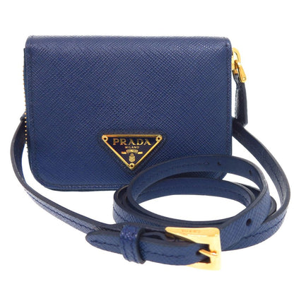 Prada Saffiano Triangle Leather Shoulder Wallet Coin Case Navy