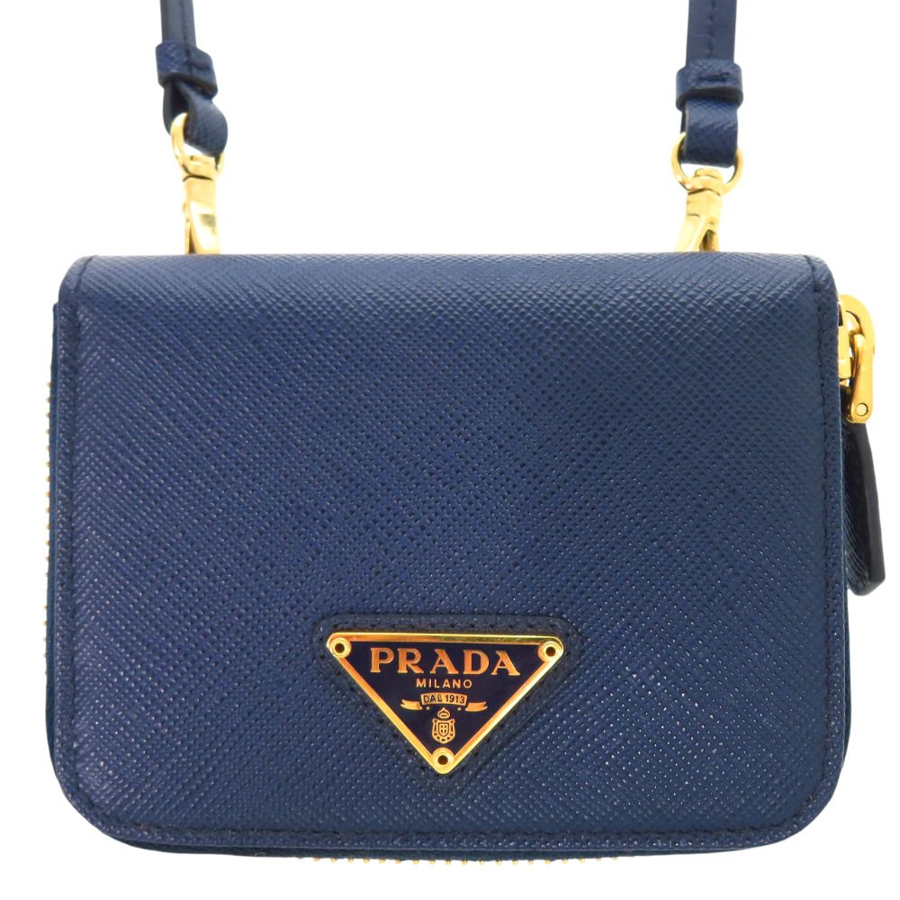 Prada Saffiano Triangle Leather Shoulder Wallet Coin Case Navy — view 2