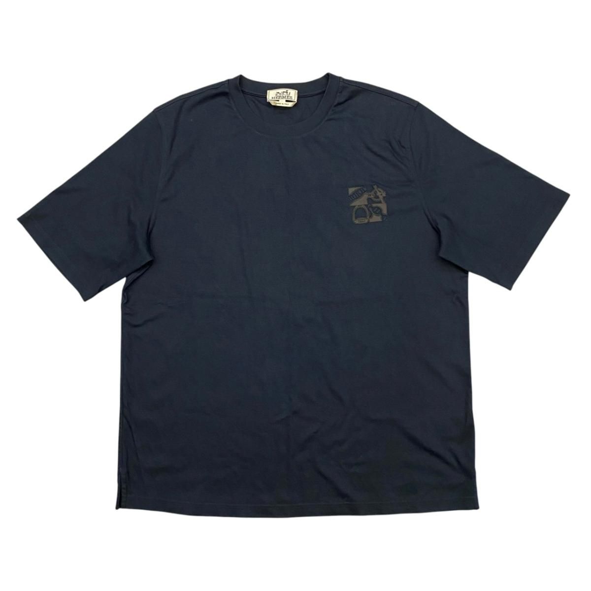 Hermes Short Sleeve T-Shirt Metal Ri Carre L Cotton Mini Patch Marine Navy