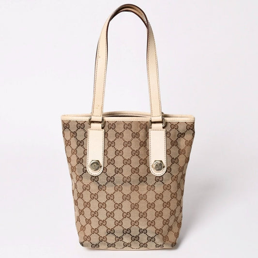 Gucci GG Canvas Tote Shoulder Bag Bucket Shape Leather Ivory Beige