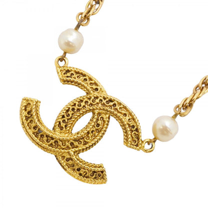Chanel Necklace Vintage CC Logo Gold Plated Faux Pearl