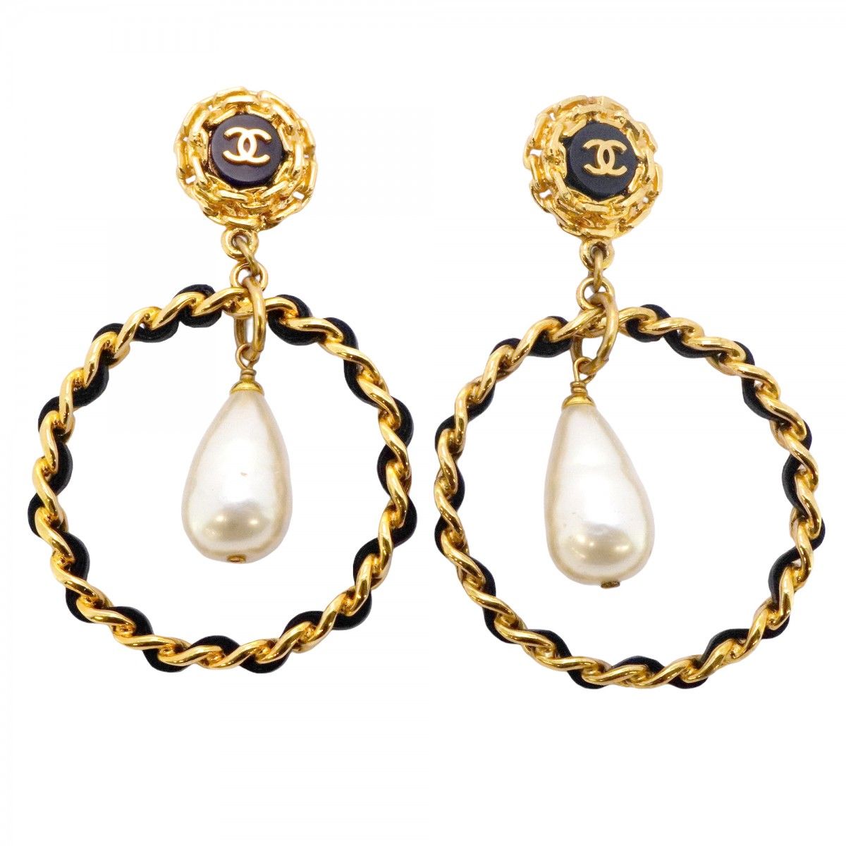 Chanel Earrings Vintage CC Logo Gold Plated Faux Pearl Black Cles Diss