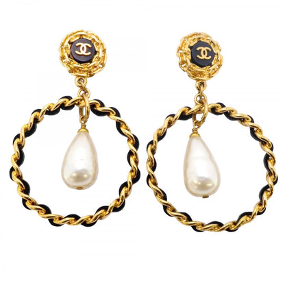 Chanel Earrings Vintage CC Logo Gold Plated Faux Pearl Black Cles Diss