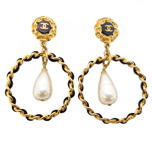 Chanel Earrings Vintage CC Logo Gold Plated Faux Pearl Black Cles Diss
