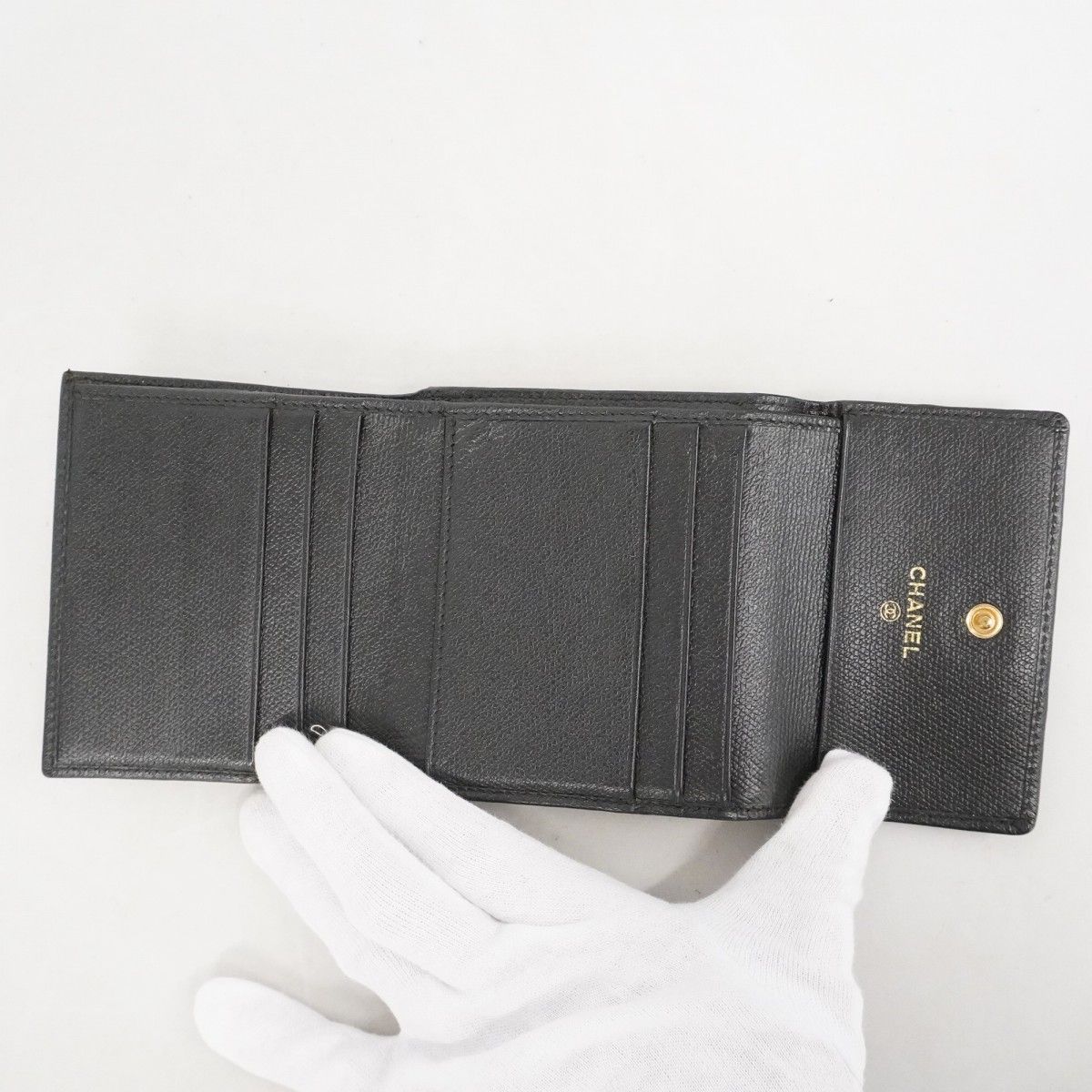 Chanel Trifold Wallet Coco Button Leather Black Champagne Gold — view 3