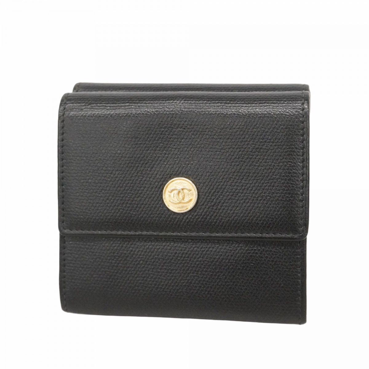 Chanel Trifold Wallet Coco Button Leather Black Champagne Gold