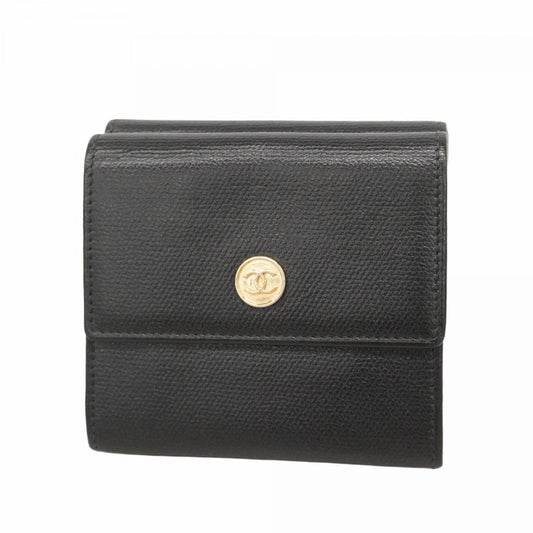 Chanel Trifold Wallet Coco Button Leather Black Champagne Gold