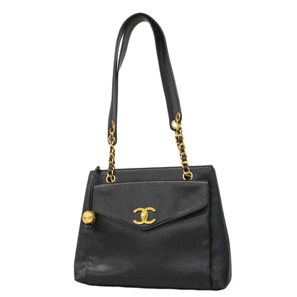 Chanel Chain Tote Caviar Leather Black Gold