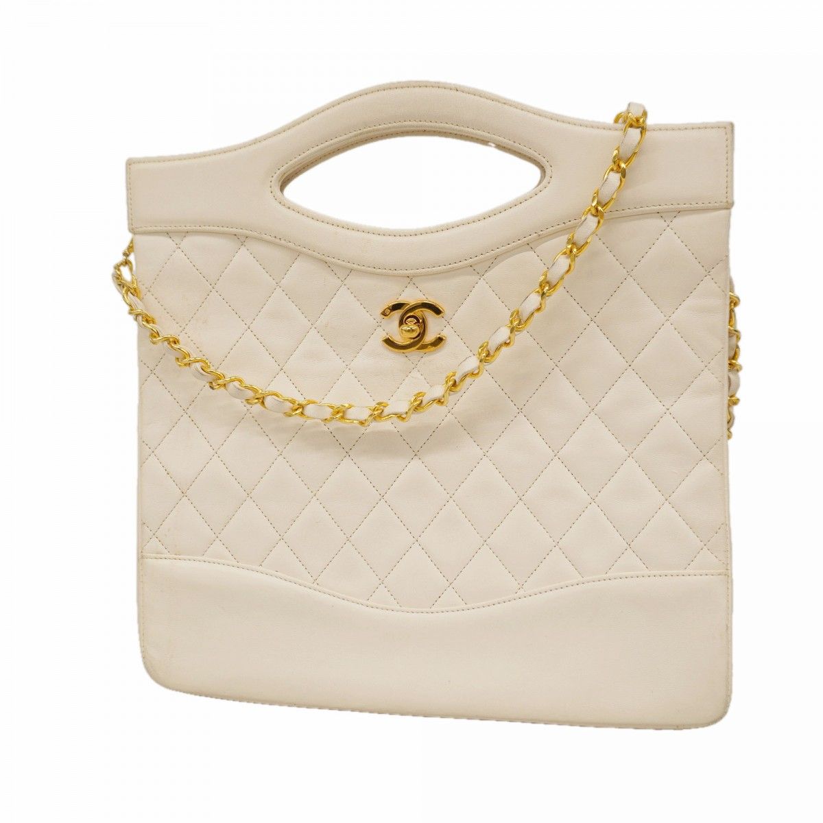 Chanel Handbag Quilted Lambskin White Gold 2-Way