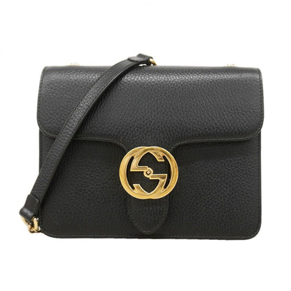 Gucci Shoulder Bag Interlocking Leather Black Champagne Gold