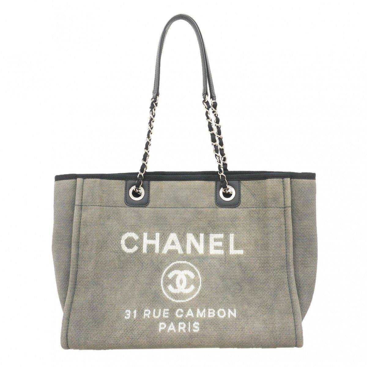 Chanel Chain Tote Deauville Canvas Black Gray Silver