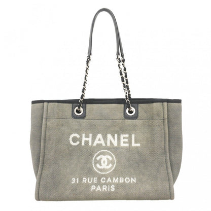 Chanel Chain Tote Deauville Canvas Black Gray Silver