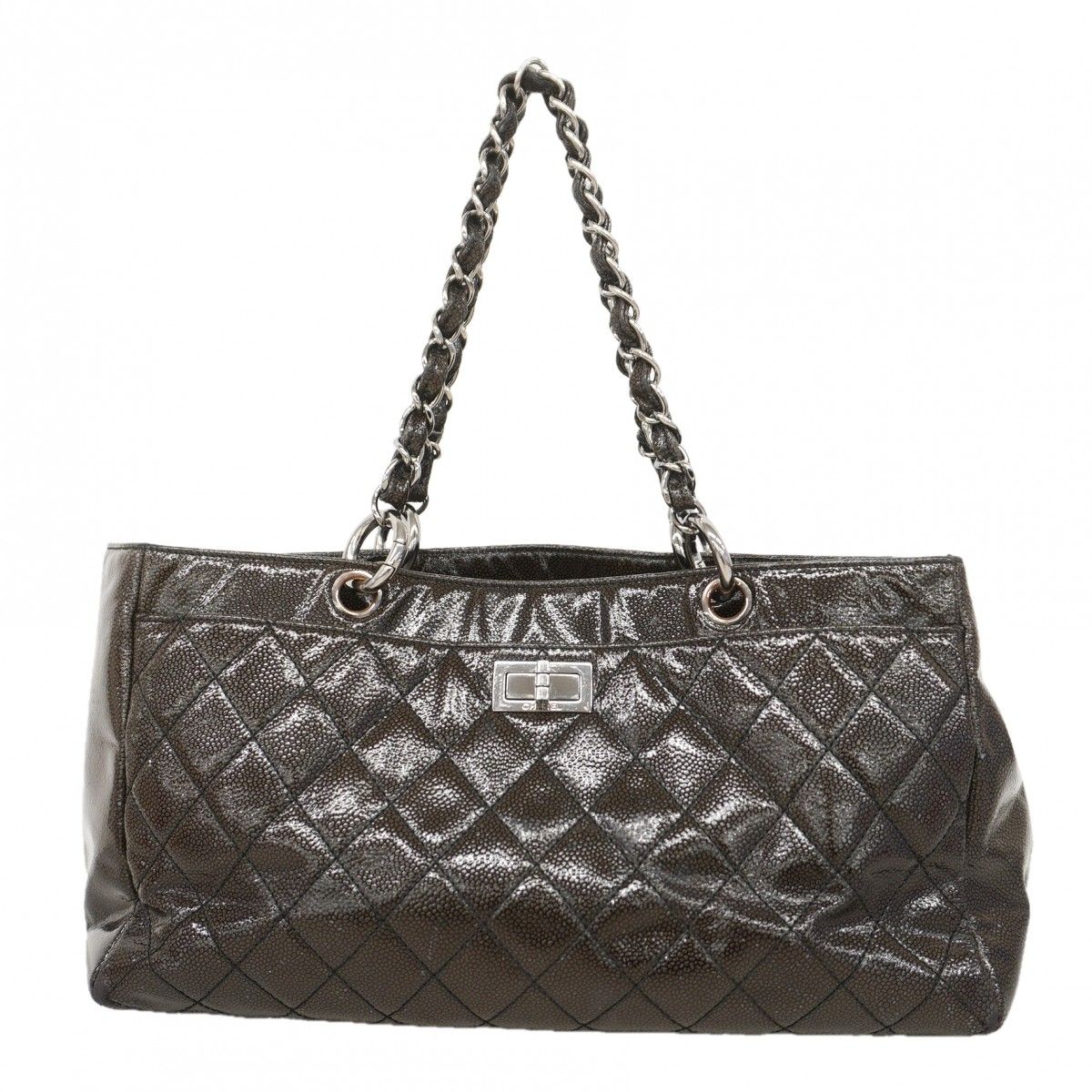 Chanel Chain Tote 2.55 Patent Leather Black Brown Silver