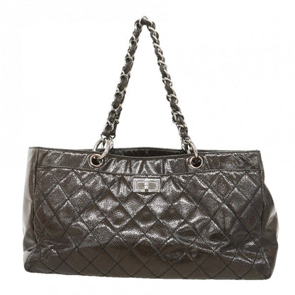 Chanel Chain Tote 2.55 Patent Leather Black Brown Silver