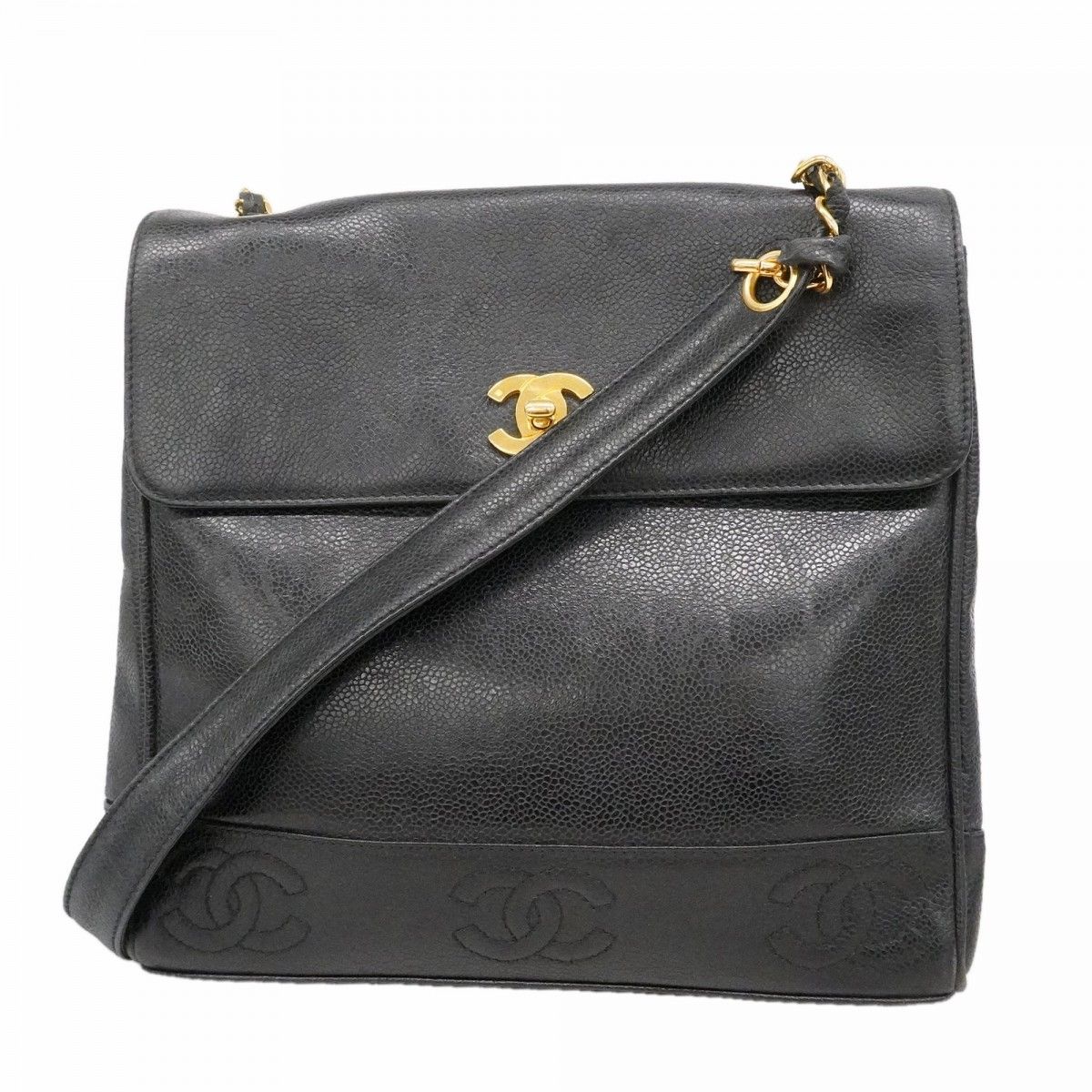 Chanel Shoulder Bag Triple Coco Caviar Leather Black Gold