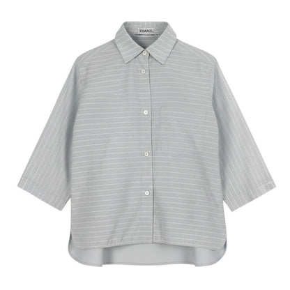 Chanel SS Identification 3/4 Sleeve Shirt Logo Border Pattern Light Gray White