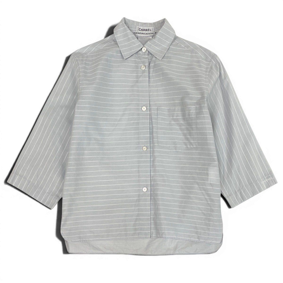 Chanel SS Identification 3/4 Sleeve Shirt Logo Border Pattern Light Gray White — view 2