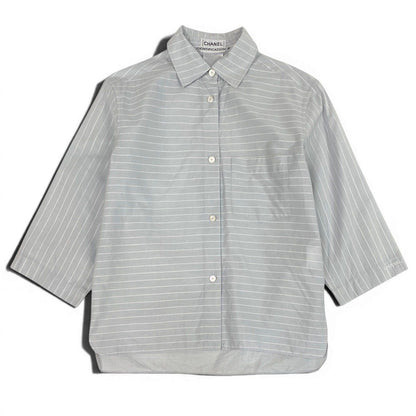 Chanel SS Identification 3/4 Sleeve Shirt Logo Border Pattern Light Gray White — view 2