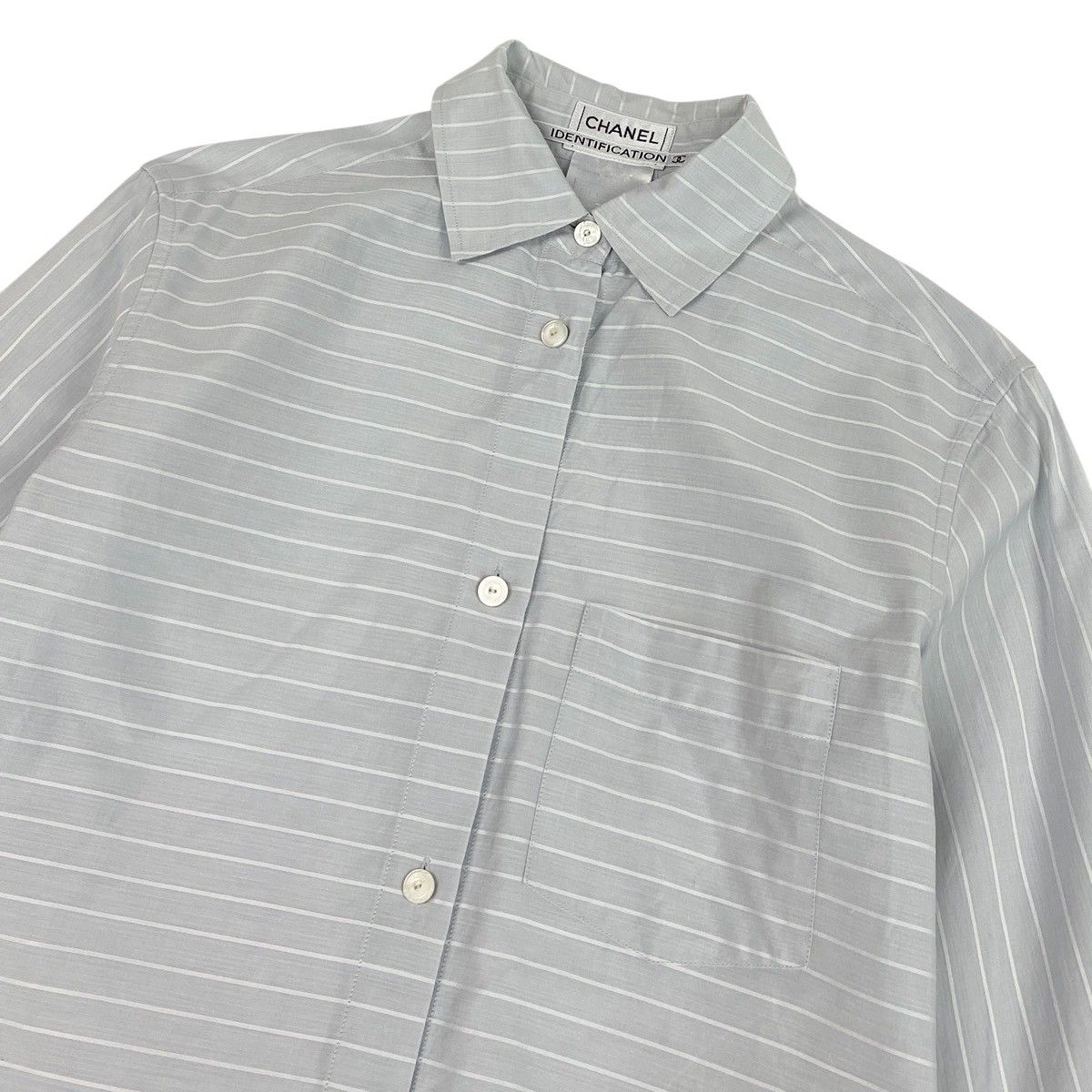 Chanel SS Identification 3/4 Sleeve Shirt Logo Border Pattern Light Gray White — view 4