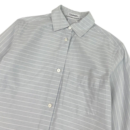 Chanel SS Identification 3/4 Sleeve Shirt Logo Border Pattern Light Gray White — view 4