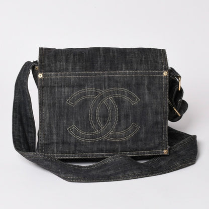 Chanel Shoulder Bag Sparkling Denim CC Logo Navy Gold