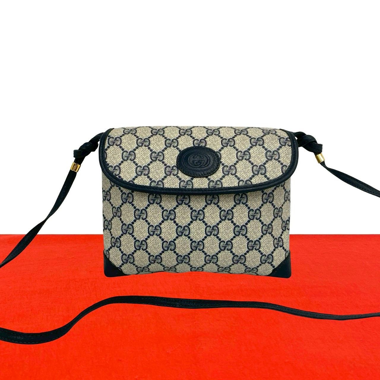 Gucci Vintage GG Logo Pattern Leather Mini Shoulder Bag Pochette Crossbody Navy