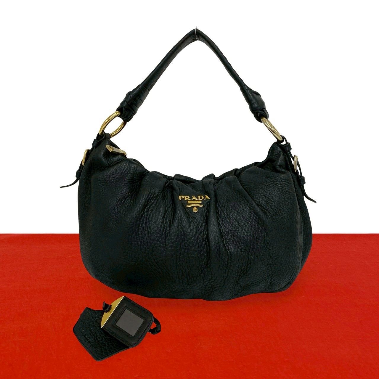 Prada Logo Gold Leather Shoulder Bag Mini Tote Black