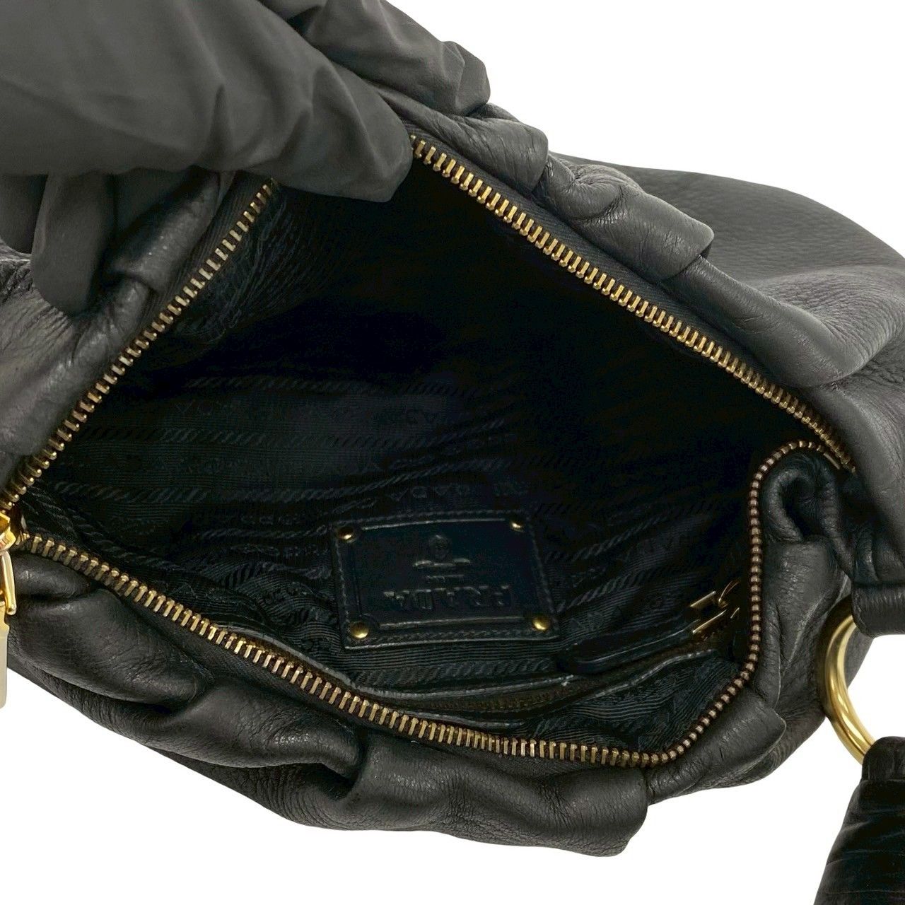Prada Logo Gold Leather Shoulder Bag Mini Tote Black — view 9