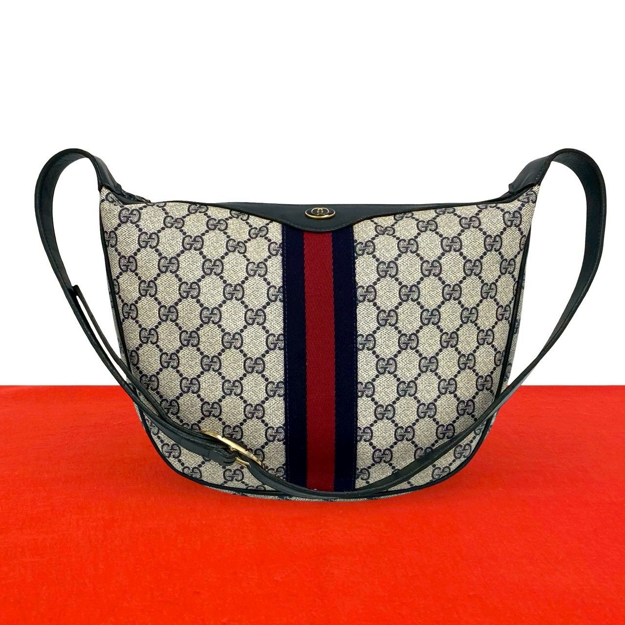 Gucci Vintage Sherry Line GG Logo Pattern Leather Shoulder Bag Navy