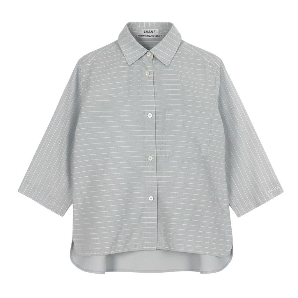 Chanel SS Identification 3/4 Sleeve Shirt Logo Border Pattern 40 Light Gray