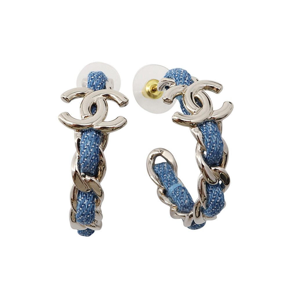 Chanel Earrings Hoop CC Logo Chain Denim 26