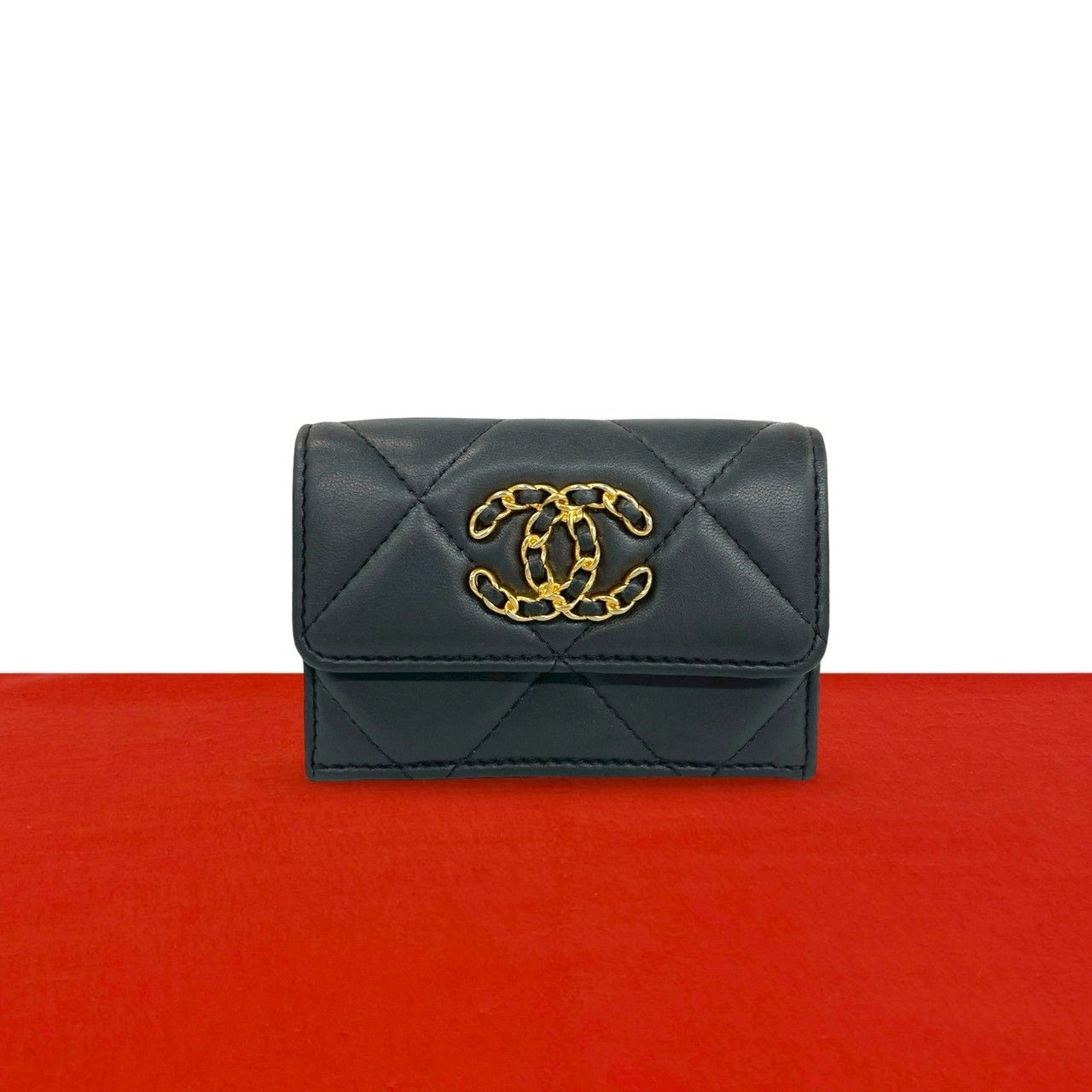 Chanel 19 CC Logo Lambskin Leather Trifold Wallet Mini Gray