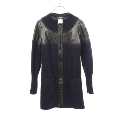 Chanel CC Logo Leather Trim Knit Wool Jacket