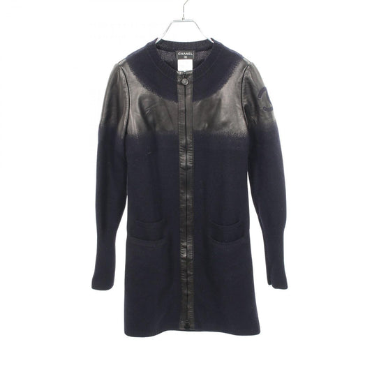 Chanel CC Logo Leather Trim Knit Wool Jacket