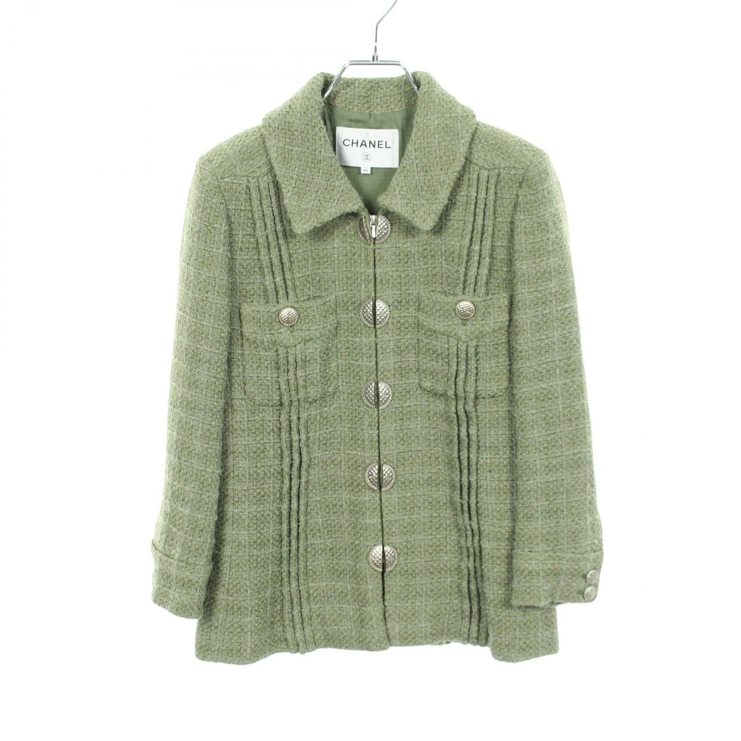Chanel CC Logo Button Tweed Green Wool Fabric Jacket