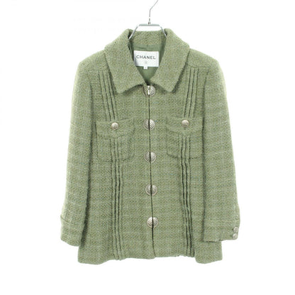 Chanel CC Logo Button Tweed Green Wool Fabric Jacket